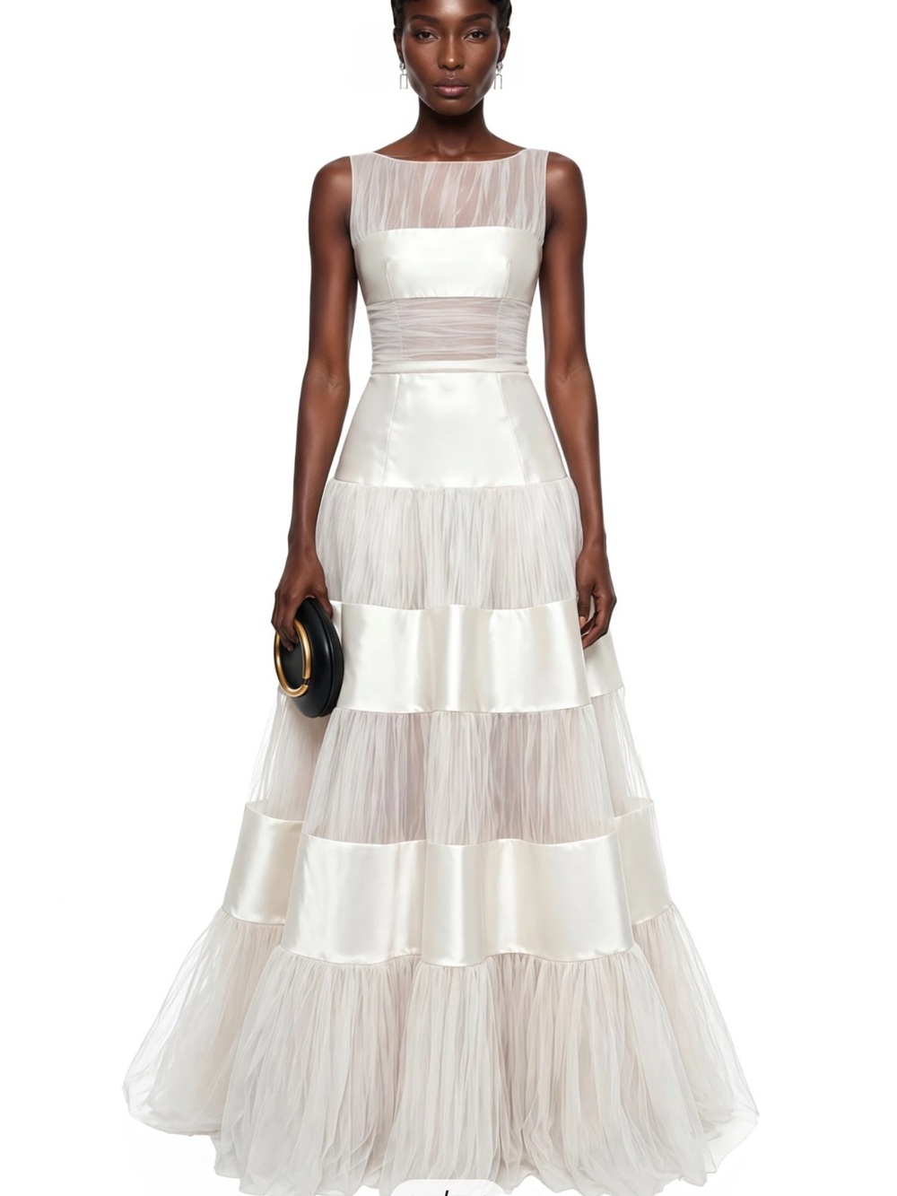 Ivory Tiered Satin & Tulle Maxi Dress